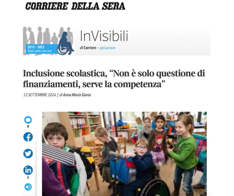 “Inclusione scolastica: non solo questione finanziamenti” – l’intervista del prof. d’Alonzo su Il Corriere della Sera – gli InVisibili